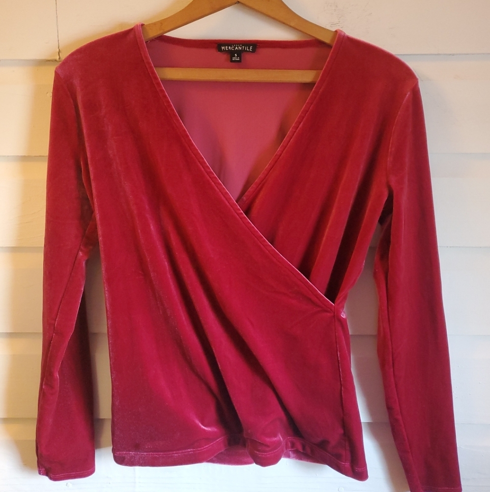 J.Crew Mercantile Womens Red Velvet V Neck Faux Wrap Top Shirt Blouse Small LS